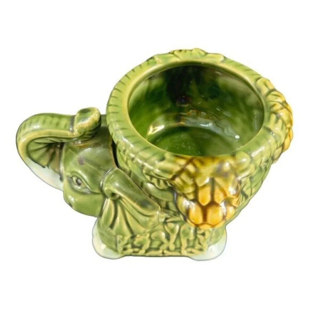 Vintage Majolica Style Ceramic‎ Elephant Dish Bowl Candle Votive Holder Green
